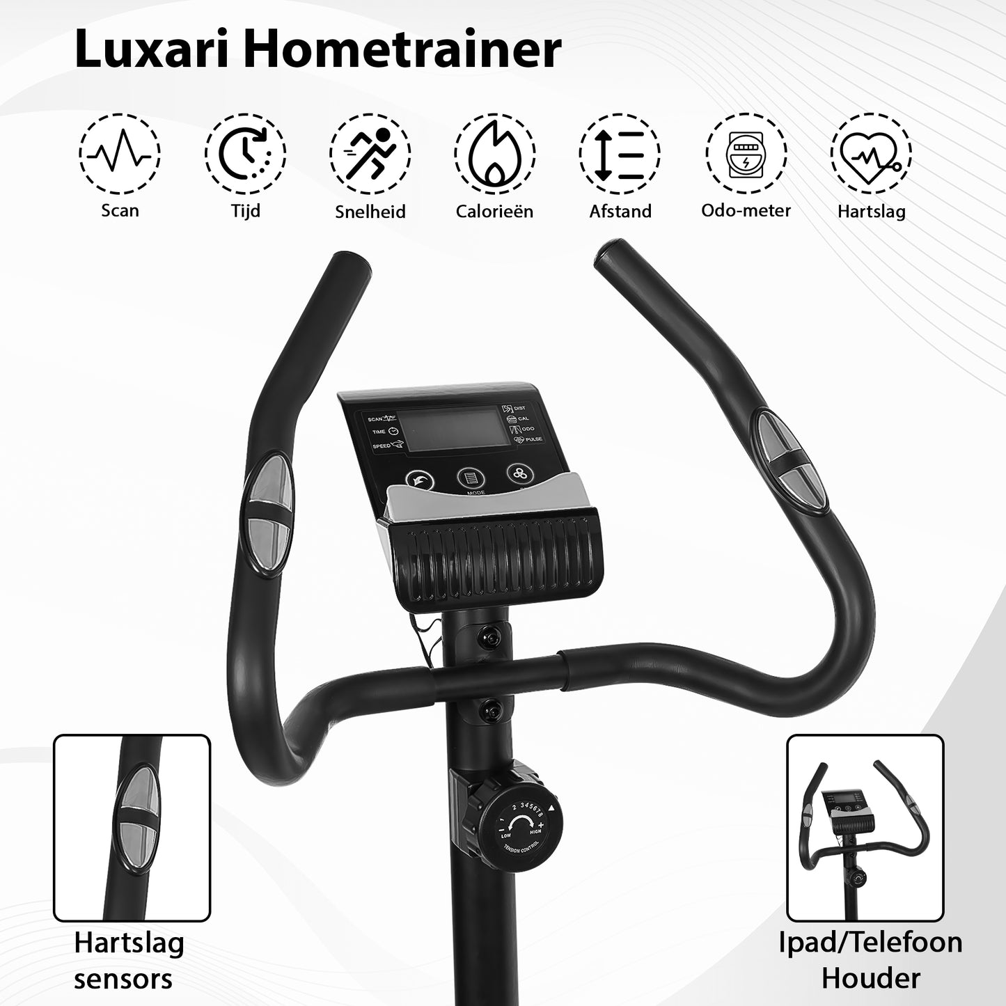Luxari Hometrainer - 6 kg vliegwiel - Verstelbaar zadel - Hartslagsensor - Inclusief I-pad/tablet houder - Super stille modus - Zwart - Hometrainer voor thuis - Trainingsfiets - Fitness fiets