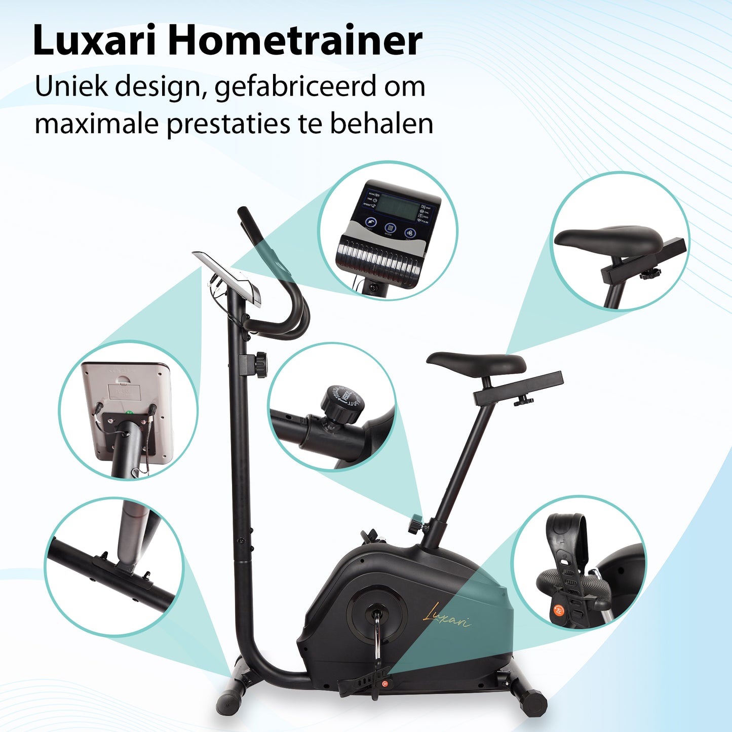 Luxari Hometrainer - 6 kg vliegwiel - Verstelbaar zadel - Hartslagsensor - Inclusief I-pad/tablet houder - Super stille modus - Zwart - Hometrainer voor thuis - Trainingsfiets - Fitness fiets