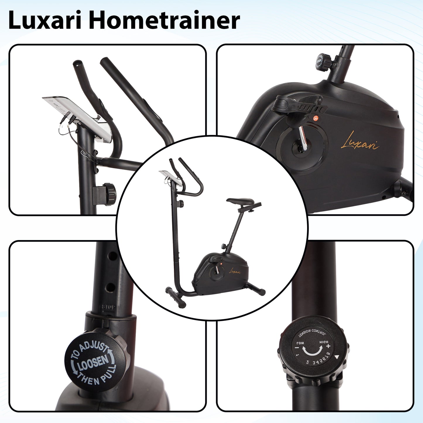 Luxari Hometrainer - 6 kg vliegwiel - Verstelbaar zadel - Hartslagsensor - Inclusief I-pad/tablet houder - Super stille modus - Zwart - Hometrainer voor thuis - Trainingsfiets - Fitness fiets