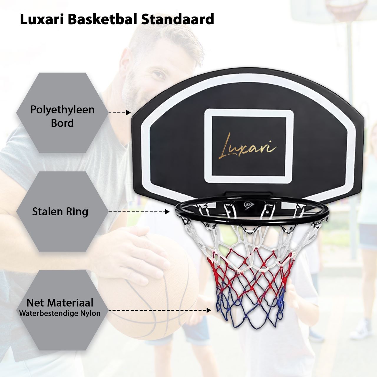 Luxari Basketbalpaal Pro - In Hoogte Verstelbaar: 180 - 215 cm - Basketbalring - Stevige Voetstuk - Zwart