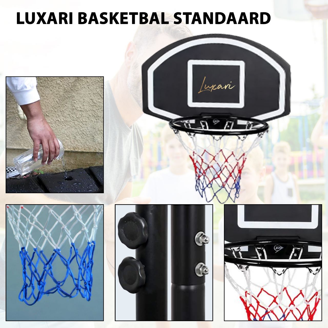 Luxari Basketbalpaal Pro - In Hoogte Verstelbaar: 180 - 215 cm - Basketbalring - Stevige Voetstuk - Zwart