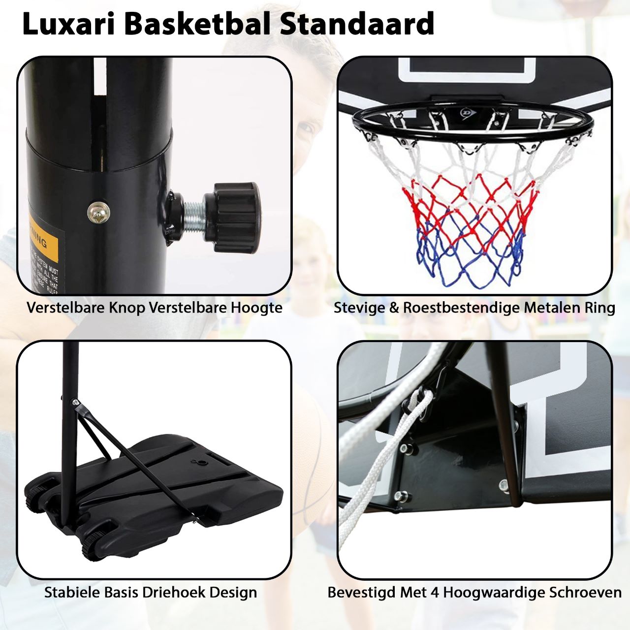 Luxari Basketbalpaal Pro - In Hoogte Verstelbaar: 180 - 215 cm - Basketbalring - Stevige Voetstuk - Zwart