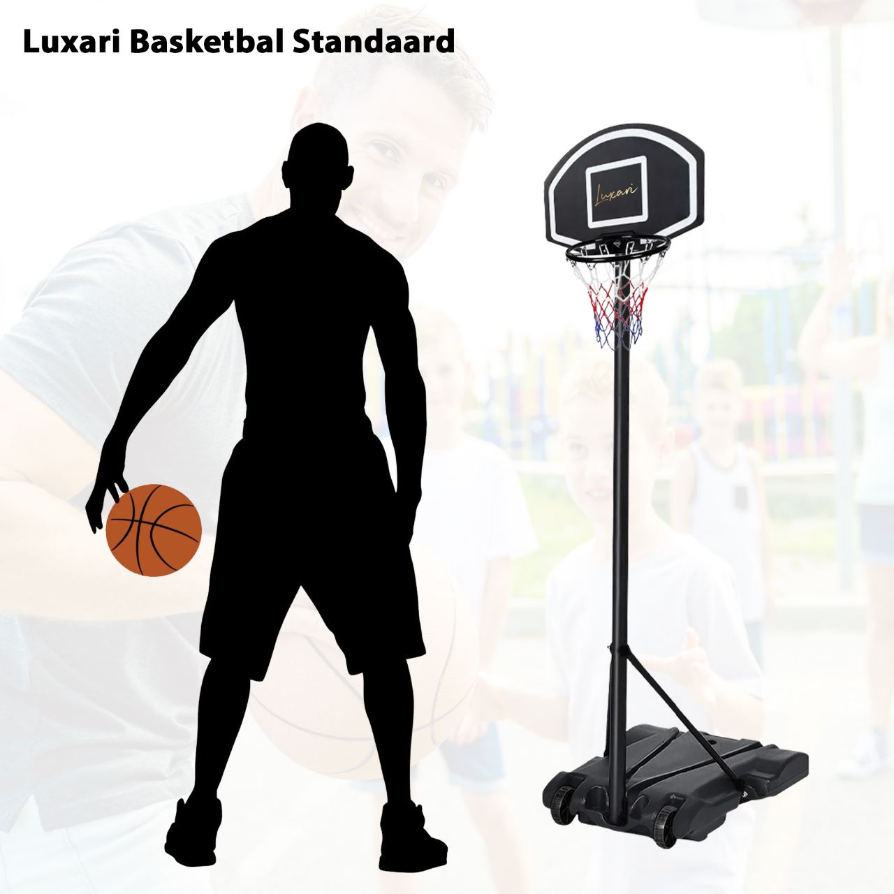 Luxari Basketbalpaal Pro - In Hoogte Verstelbaar: 180 - 215 cm - Basketbalring - Stevige Voetstuk - Zwart