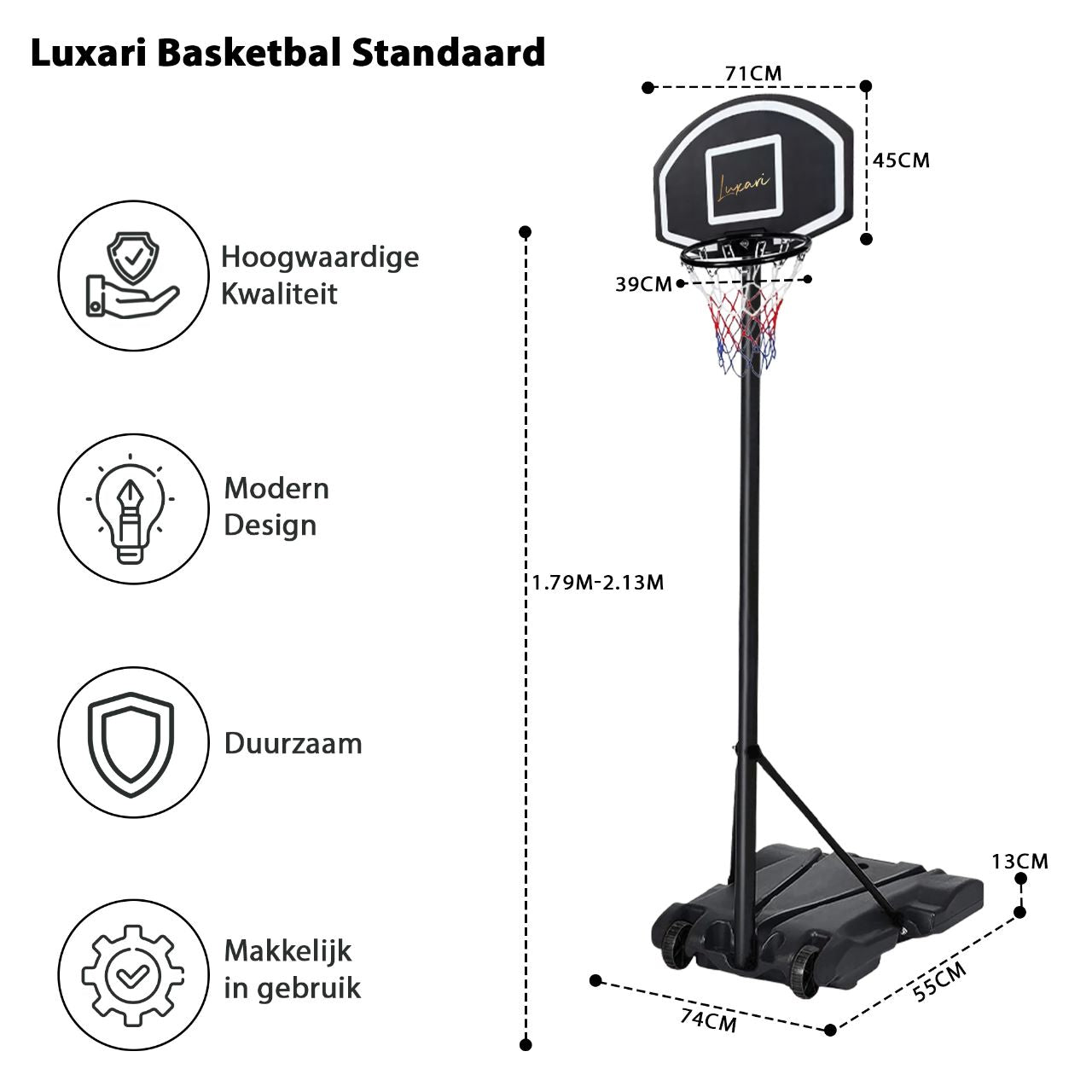 Luxari Basketbalpaal Pro - In Hoogte Verstelbaar: 180 - 215 cm - Basketbalring - Stevige Voetstuk - Zwart